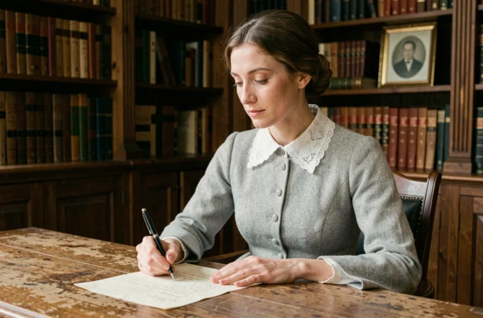 Femme aristocrate du XIXe siècle écrivant une lettre à son bureau dans un cabinet de travail bibliothèque, illustration de la vie intime et cultivée de Marie-Valérie d'Autriche