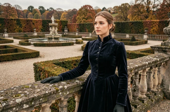 Jeune femme en robe victorienne sombre appuyée sur une balustrade de pierre devant les jardins d'un château autrichien à l'automne, illustration de la vie de Marie-Valérie d'Autriche