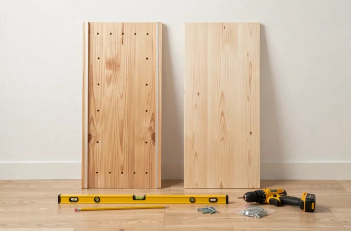 Joues de dressing en bois MDF et outils nécessaires à leur installation posés sur un parquet