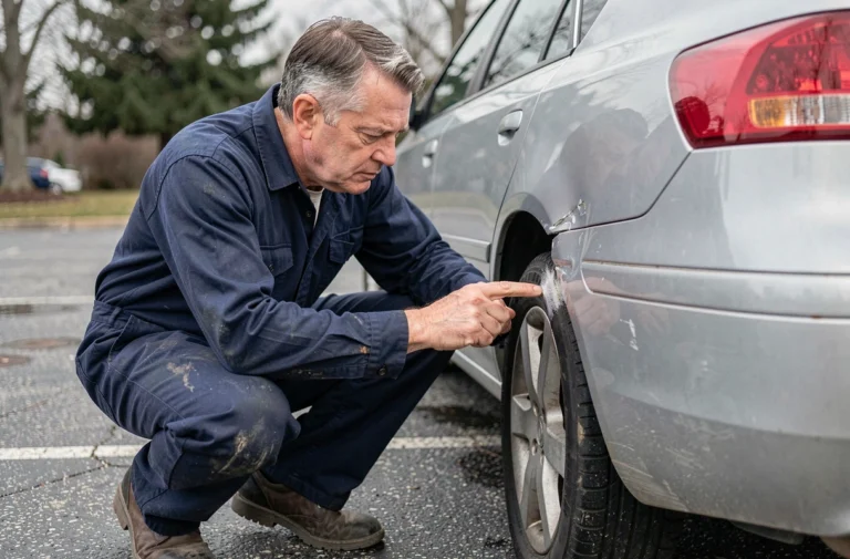 Mécanicien inspectant un choc sur la carrosserie d'une voiture dans un parking