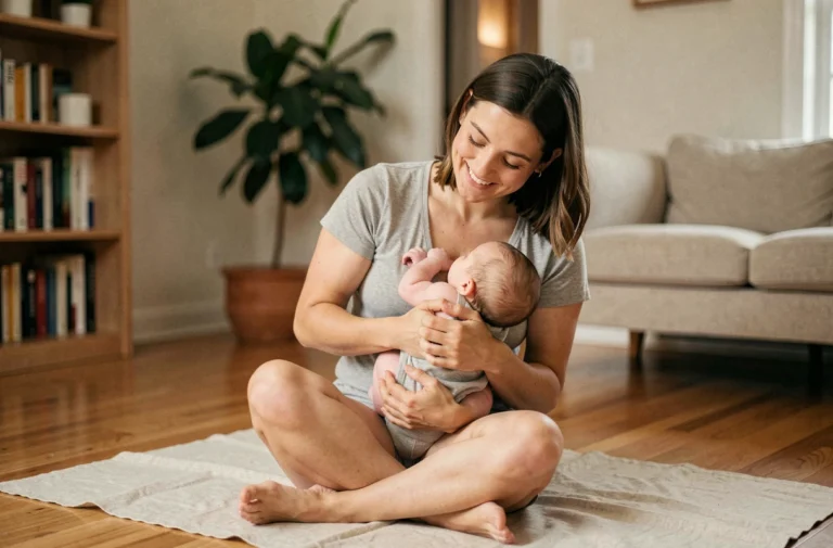 Mère tenant son bébé de quatre mois sur un tapis de jeu en lin beige dans un salon chaleureux, illustrant les conseils de développement du nourrisson