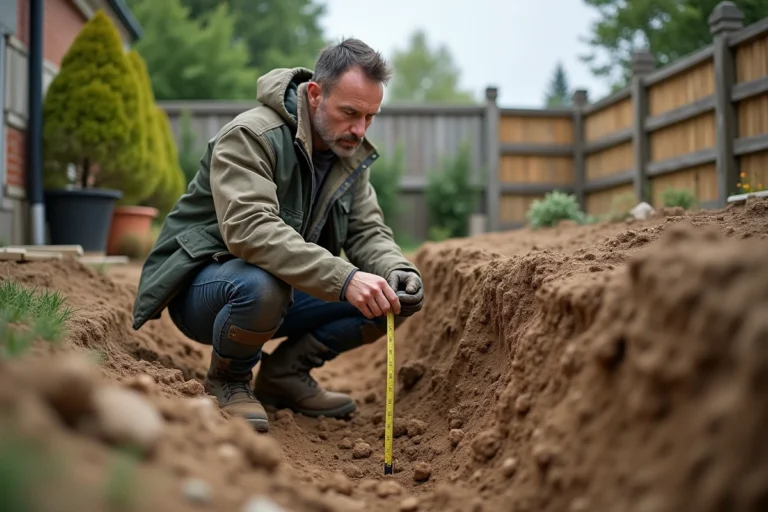 Architecte paysagiste mesurant la profondeur d'une tranchée pour terrasse enterrée dans un jardin en rénovation