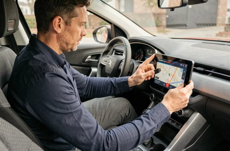 Homme mettant à jour le GPS Citroën via clé USB dans l'habitacle d'une voiture moderne