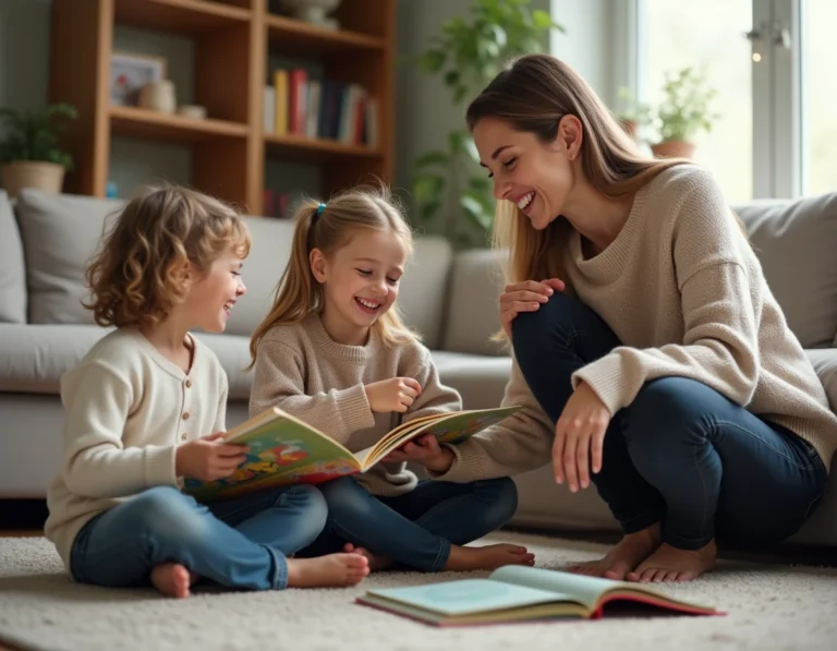 Nounou souriante interagissant avec deux jeunes enfants dans un salon familial chaleureux