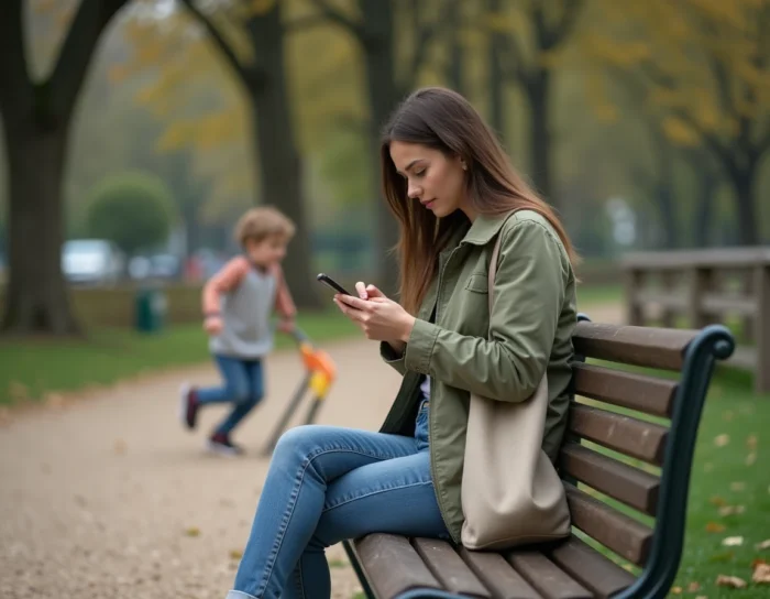 Nounou surveillant un enfant dans un parc tout en consultant son téléphone pour trouver des ressources