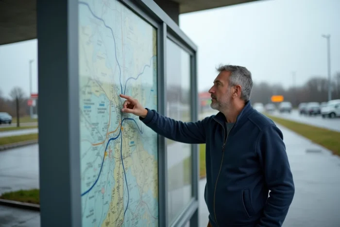 Homme devant un panneau de carte routière autoroutière dans une aire de service française