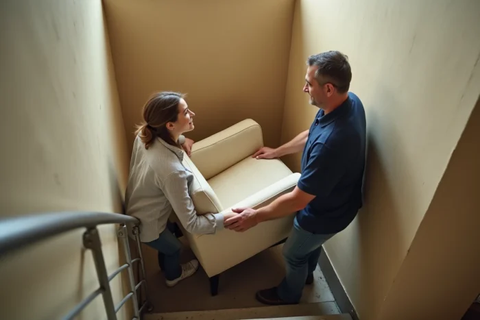 Deux personnes faisant pivoter un fauteuil dans un escalier étroit lors d'un déménagement