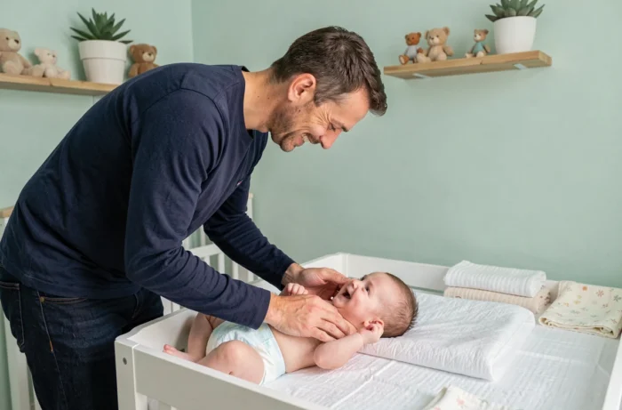 Père interagissant avec son bébé de six mois sur une table à langer blanche dans une chambre de bébé décorée en vert menthe, conseils de soin quotidien