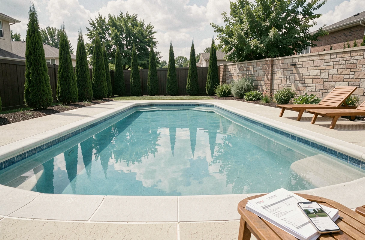 Piscine enterrée terminée avec carrelage bleu et terrasse en béton illustrant le coût total d'installation
