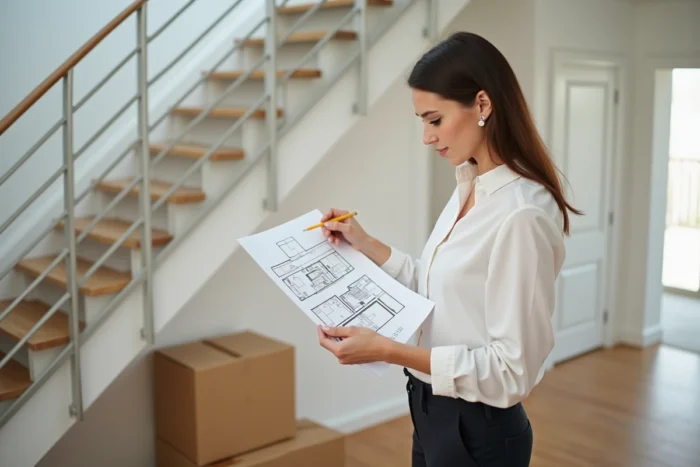Femme consultant un plan de dimensions devant un escalier moderne avant de monter un meuble