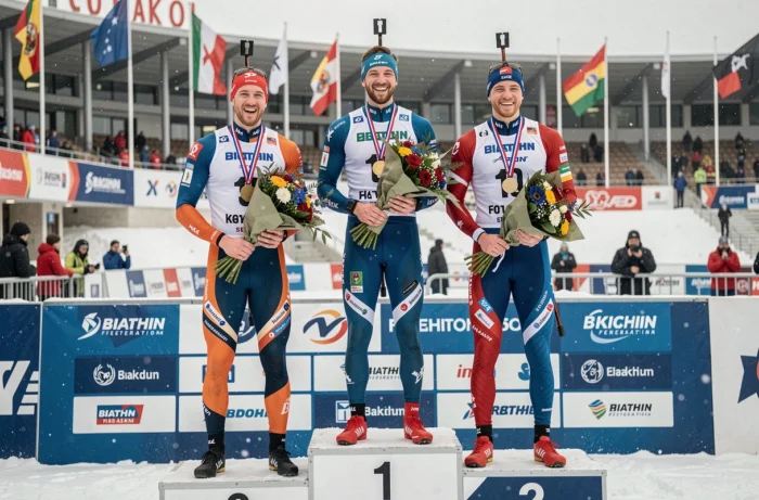 Podium de compétition de biathlon avec trois athlètes masculins tenant leurs médailles et bouquets lors de la cérémonie de remise des prix