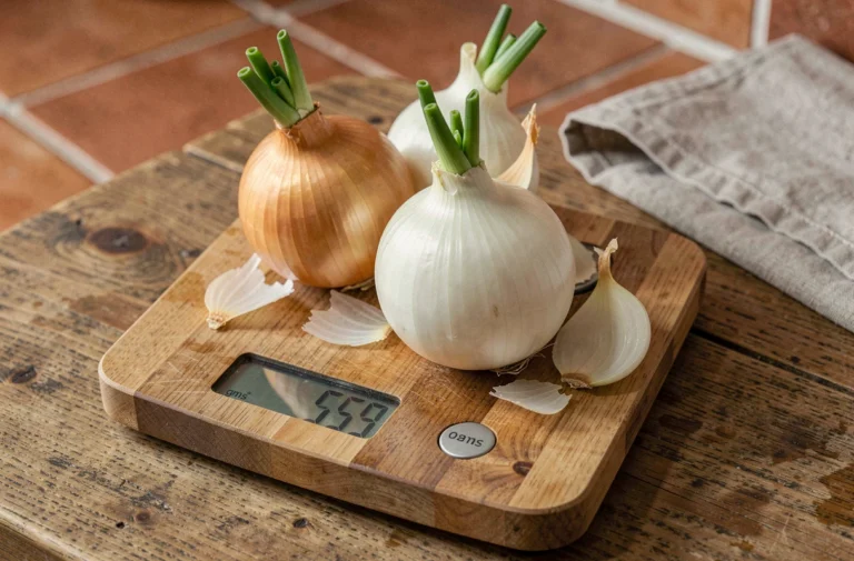 Balance de cuisine en bois avec des oignons frais blancs posés dessus, affichant leur poids en grammes sur un plan de travail en chêne rustique