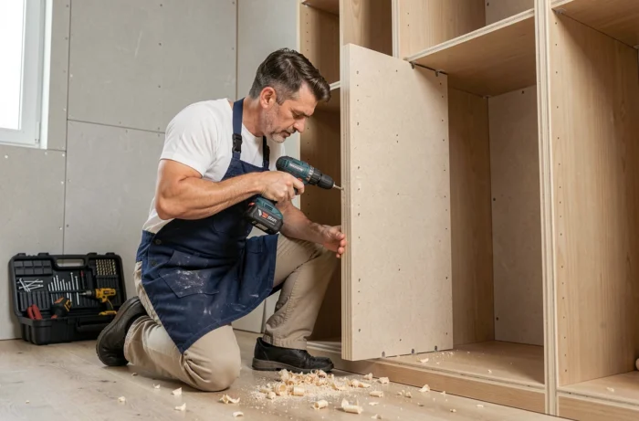Homme vissant une joue de dressing en MDF lors d'une installation dans un appartement