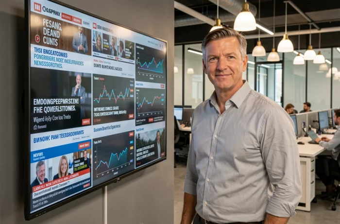 Professionnel masculin analysant un tableau de bord d'actualités numériques dans une salle de rédaction moderne