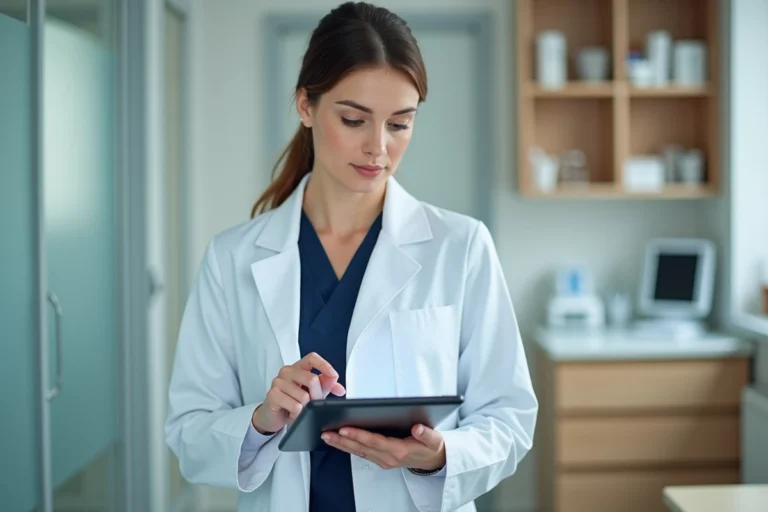 Professionnelle de santé consultant une solution numérique médicale sur tablette dans un cabinet moderne