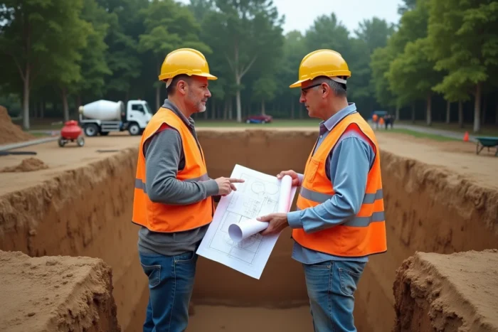 Deux professionnels du bâtiment discutant des plans de profondeur d'une excavation pour terrasse enterrée sur un chantier résidentiel