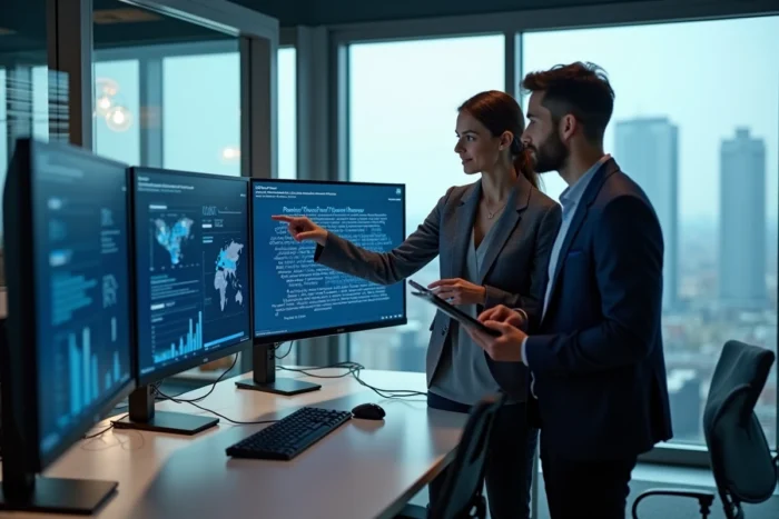Deux professionnels travaillant sur des écrans ultralarges avec des interfaces d'intelligence artificielle dans un bureau de startup