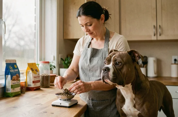 Propriétaire pesant des croquettes pour American Bully sur une balance de cuisine en bois pour assurer un dosage alimentaire précis