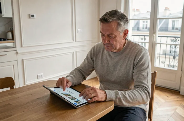 Propriétaire lyonnais utilisant un outil en ligne pour obtenir une estimation gratuite de son appartement