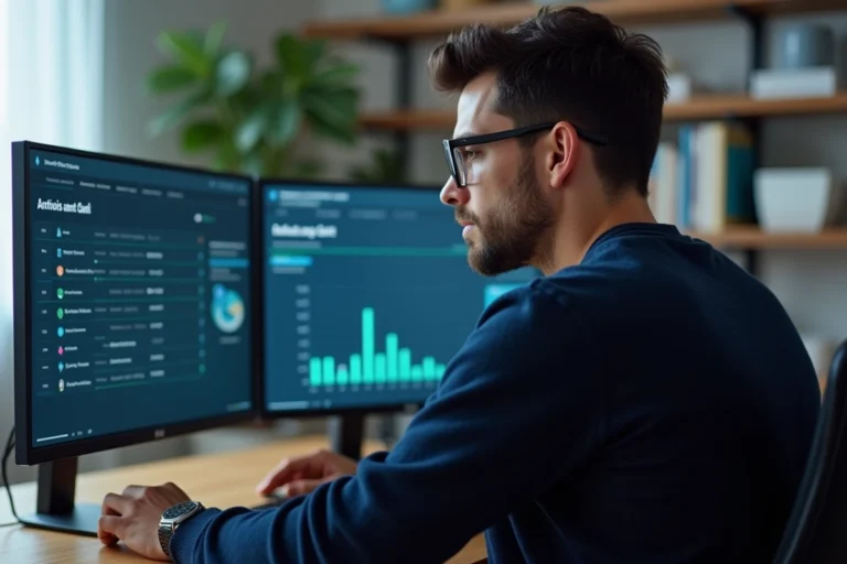 Homme travaillant sur un ordinateur avec un tableau de bord antivirus pour protéger son système contre les cyberattaques