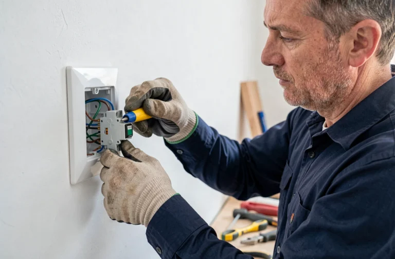Électricien raccordant un bouton poussoir Legrand avec des fils colorés sur une plaque murale blanche