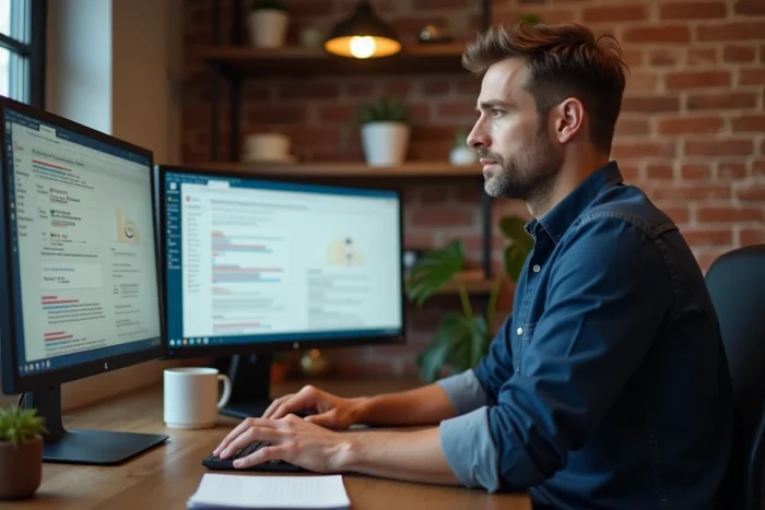 Professionnel SEO masculin travaillant sur des outils de recherche de mots clés avec deux écrans dans un bureau à domicile en brique