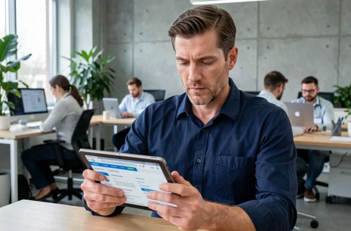 Homme recherchant un professionnel de santé en ligne sur une tablette dans un espace de coworking moderne
