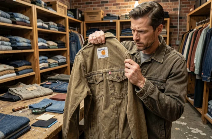 Homme examinant attentivement les coutures et l'étiquette d'une veste Carhartt authentique dans une boutique de vêtements vintage pour identifier une contrefaçon