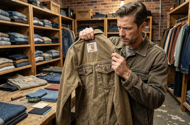 Homme examinant attentivement les coutures et l'étiquette d'une veste Carhartt authentique dans une boutique de vêtements vintage pour identifier une contrefaçon