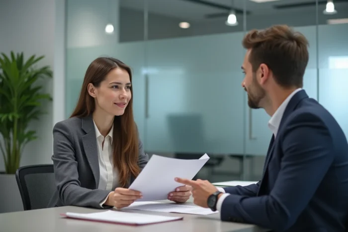 Jeune femme en rendez-vous avec un conseiller MAE pour souscrire une assurance auto dans une agence
