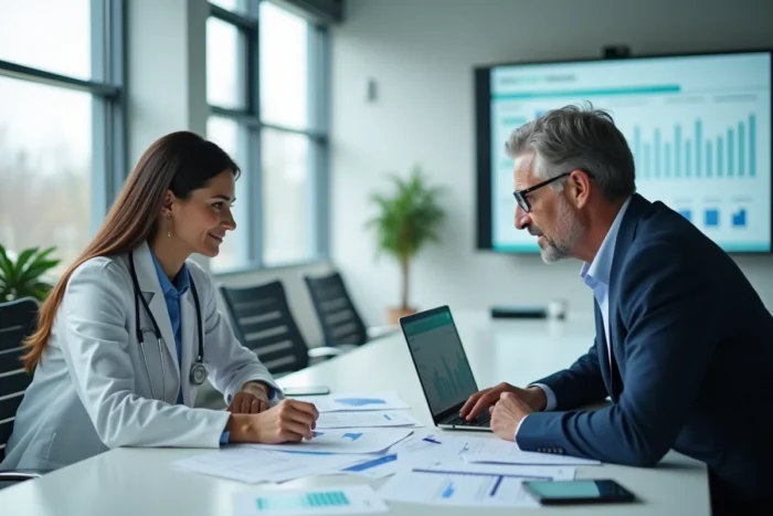 Deux professionnels de santé en réunion collaborative autour de solutions innovantes MS Médical