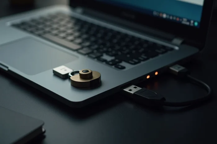Cadenas et clé USB de sécurité posés sur un ordinateur portable symbolisant la protection contre les menaces virales et les cyberattaques