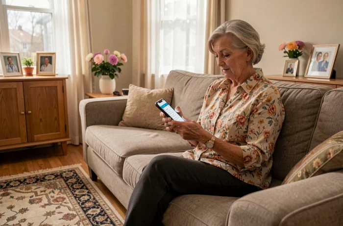 Femme senior consultant des avis sur des spécialistes de santé en ligne via une application sur smartphone