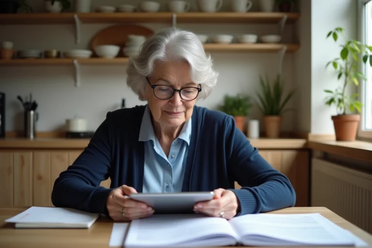 Femme senior aux cheveux argentés consultant des documents sur une mutuelle retraite à sa table de cuisine
