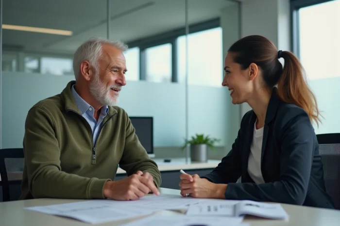 Homme senior en rendez-vous avec un conseiller mutuelle dans un bureau pour choisir sa complémentaire santé retraite