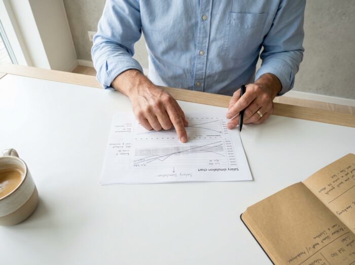 Gros plan sur des mains annotant une simulation de salaire net selon différents statuts juridiques pour un freelance