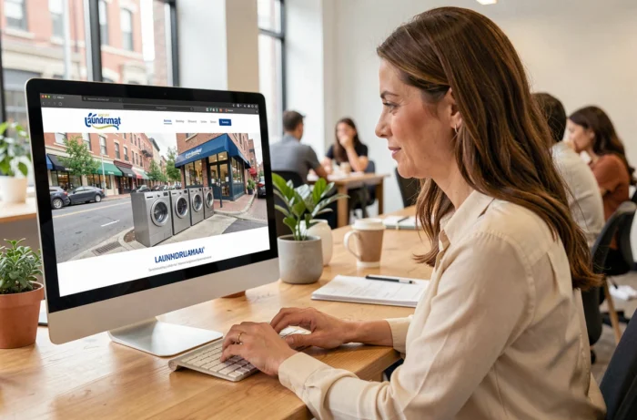 Une femme publie un site vitrine pour une laverie automatique sur un ordinateur de bureau, avec le nom de la ville et du quartier clairement intégrés dans chaque page du site web.