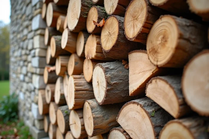 Tas de bûches d'albizia empilées contre un mur en pierre d'une ferme française en automne
