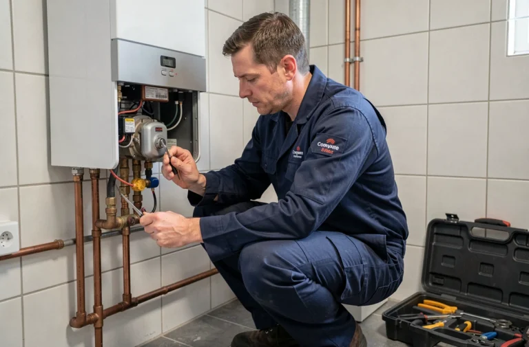 Technicien chauffagiste professionnel inspectant une chaudière murale dans un appartement bruxellois