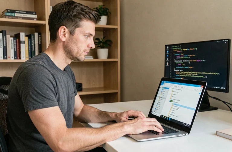 Technicien informatique explorant les dossiers système Windows 10 sur un ordinateur portable dans un bureau moderne