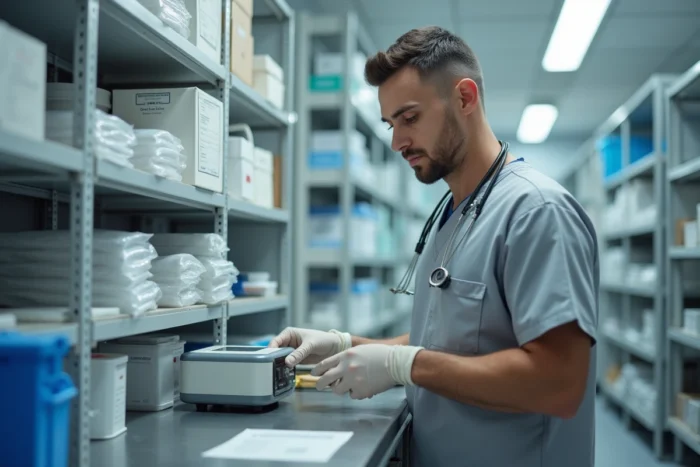 Technicien médical manipulant un équipement de santé innovant dans une salle de stockage médicale