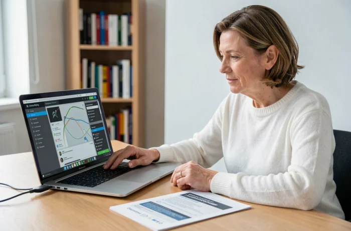 Femme téléchargeant la mise à jour cartographique Citroën sur un ordinateur portable à son bureau