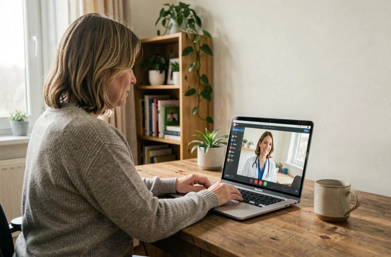 Femme en téléconsultation médicale avec un professionnel de santé en ligne depuis son bureau à domicile