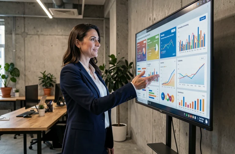 Femme professionnelle présentant des tendances marketing 2024 sur un écran numérique dans un bureau moderne