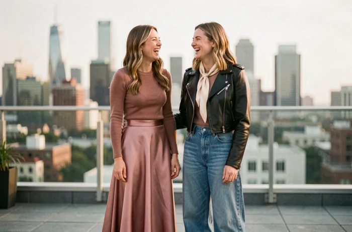 Deux femmes stylées aux tenues tendance sur un rooftop urbain, jupe satin rose et veste en cuir, tendances mode saison