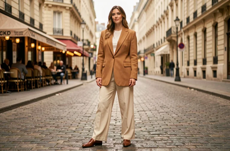 Femme élégante portant un blazer camel oversize et un pantalon large crème dans une rue parisienne pavée, tendances mode automne