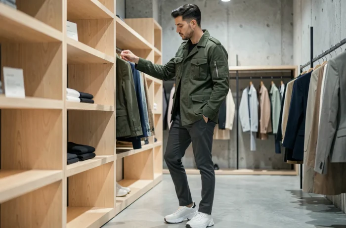 Homme tendance en veste utilitaire verte dans une boutique de mode minimaliste, style urbain contemporain et tendances fashion homme