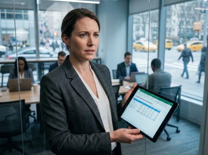 Consultante indépendante analysant son taux journalier moyen et son revenu net sur une tablette dans un espace de coworking