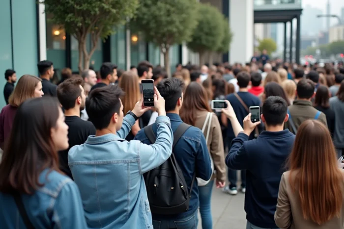 Foule de jeunes professionnels utilisant une application de partage de photos lors d'une conférence technologique à San Francisco