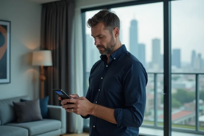 Homme analysant les statistiques de son profil Facebook sur smartphone dans un appartement moderne, cherchant qui visite sa page